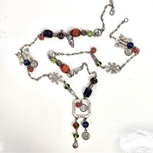 CHICO’S 21 Inch Long Multicolor Stones Beads Burnished Silver Necklace